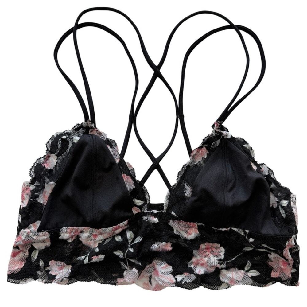 Victoria's Secret PINK Black Pink Floral Strappy Back Lace Bralette Size Small